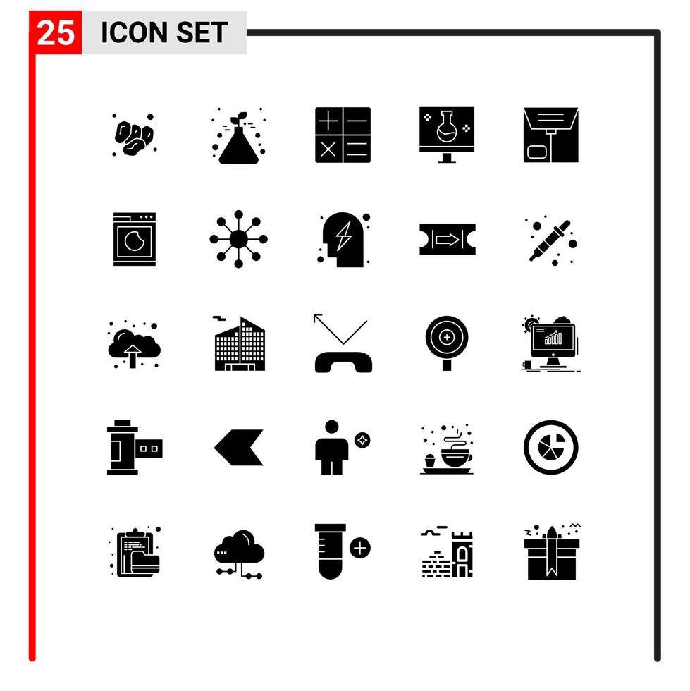 Set of 25 Commercial Solid Glyphs pack for e ecolab tube echography eco science Editable Vector Design Elements