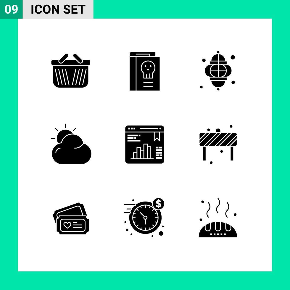 Group of 9 Modern Solid Glyphs Set for sun beach legend cloud lamp Editable Vector Design Elements