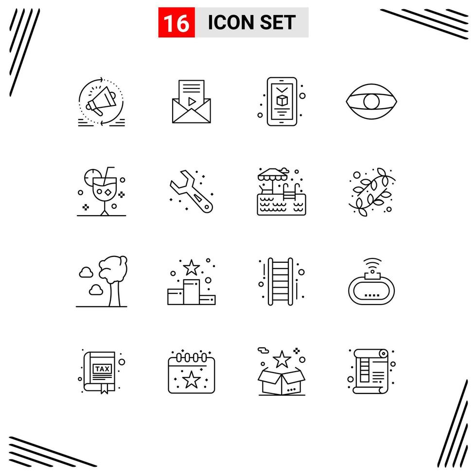 16 Universal Outlines Set for Web and Mobile Applications cocktail vision video player human eye Editable Vector Design Elements