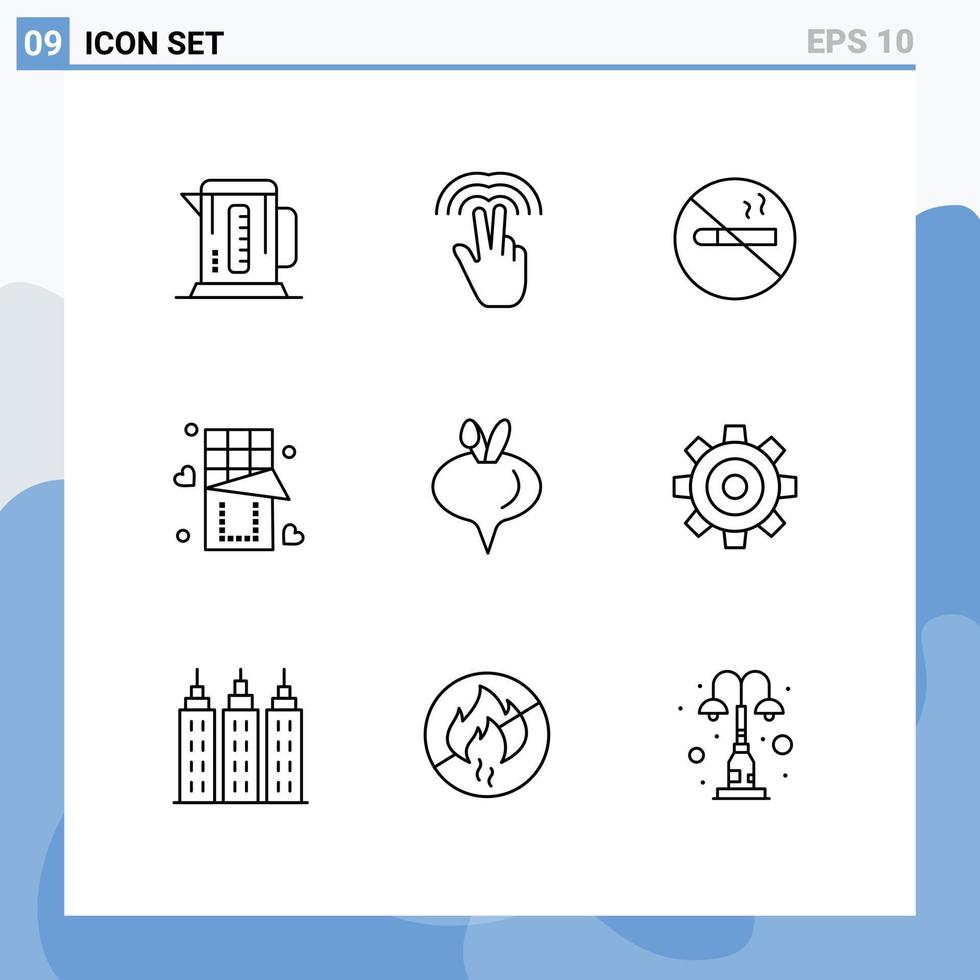 grupo de 9 esboza signos y símbolos para elementos de diseño de vectores editables de chocolate para alimentos dulces de nabo