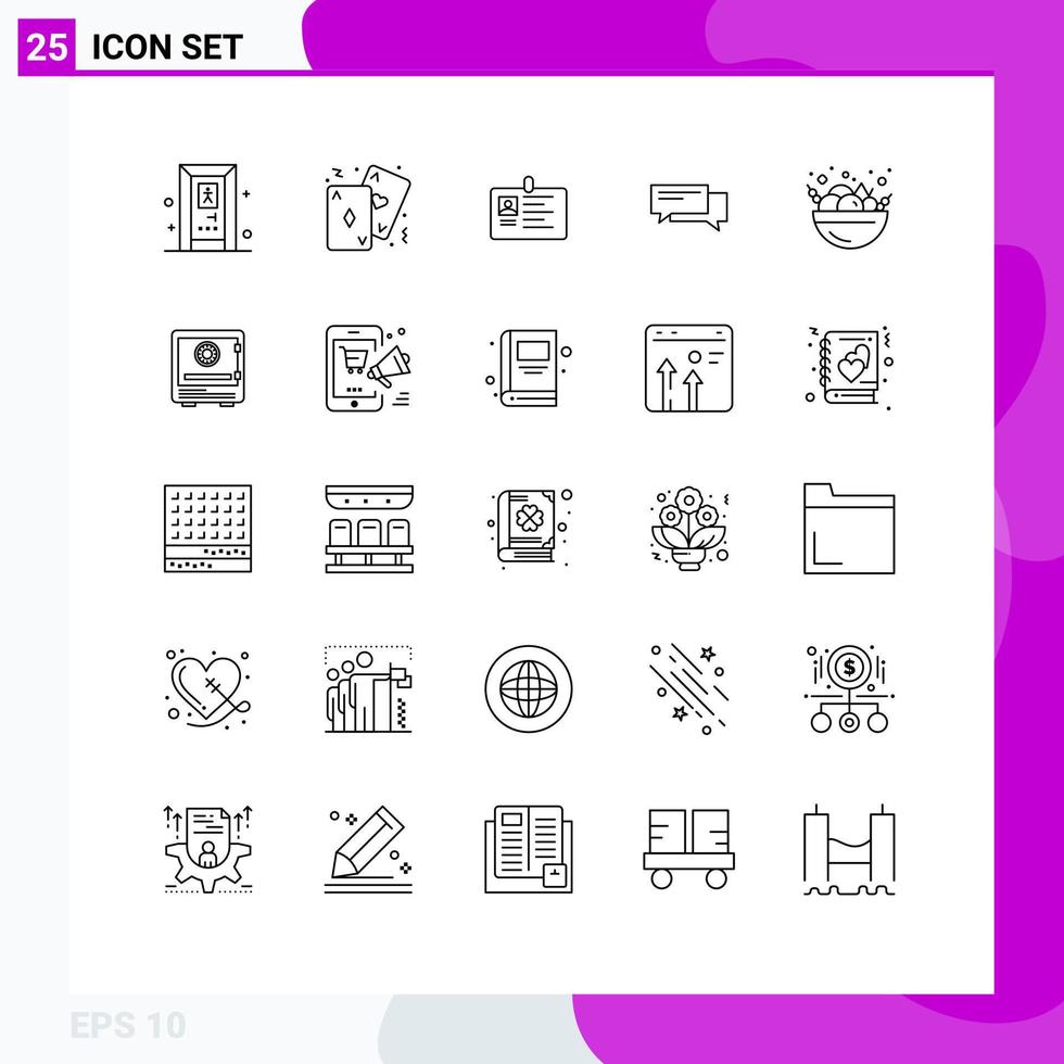 conjunto moderno de 25 líneas y símbolos, como burbujas, tarjeta de chat, pase, tarjeta de identificación, elementos de diseño vectorial editables vector