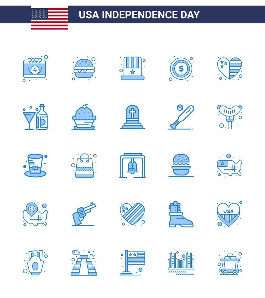 Set of 25 USA Day Icons American Symbols Independence Day Signs for flag heart cap sign money Editable USA Day Vector Design Elements