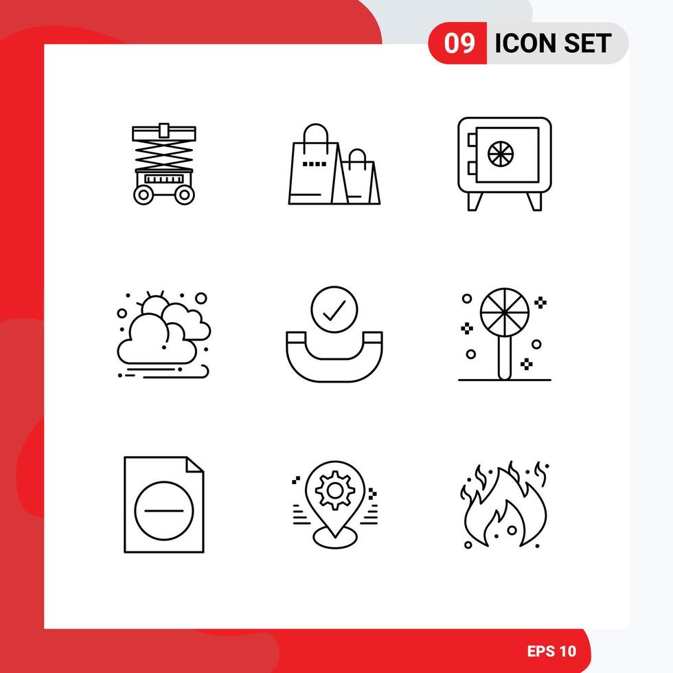 Modern Set of 9 Outlines Pictograph of candy checked money call cloud Editable Vector Design Elements
