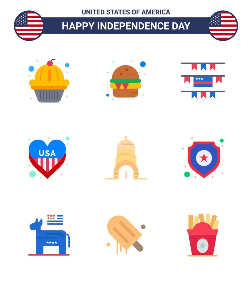 Group of 9 Flats Set for Independence day of United States of America such as usa chrysler buntings usa heart Editable USA Day Vector Design Elements