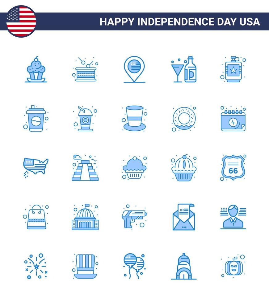 Set of 25 Modern Blues pack on USA Independence Day bottle wine independence drink map Editable USA Day Vector Design Elements