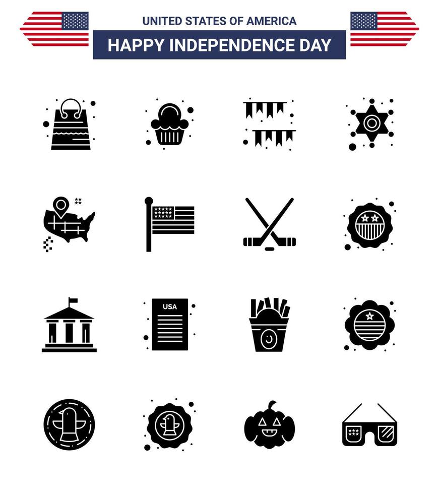Set of 16 Vector Solid Glyphs on 4th July USA Independence Day such as location star american day police party Editable USA Day Vector Design Elements