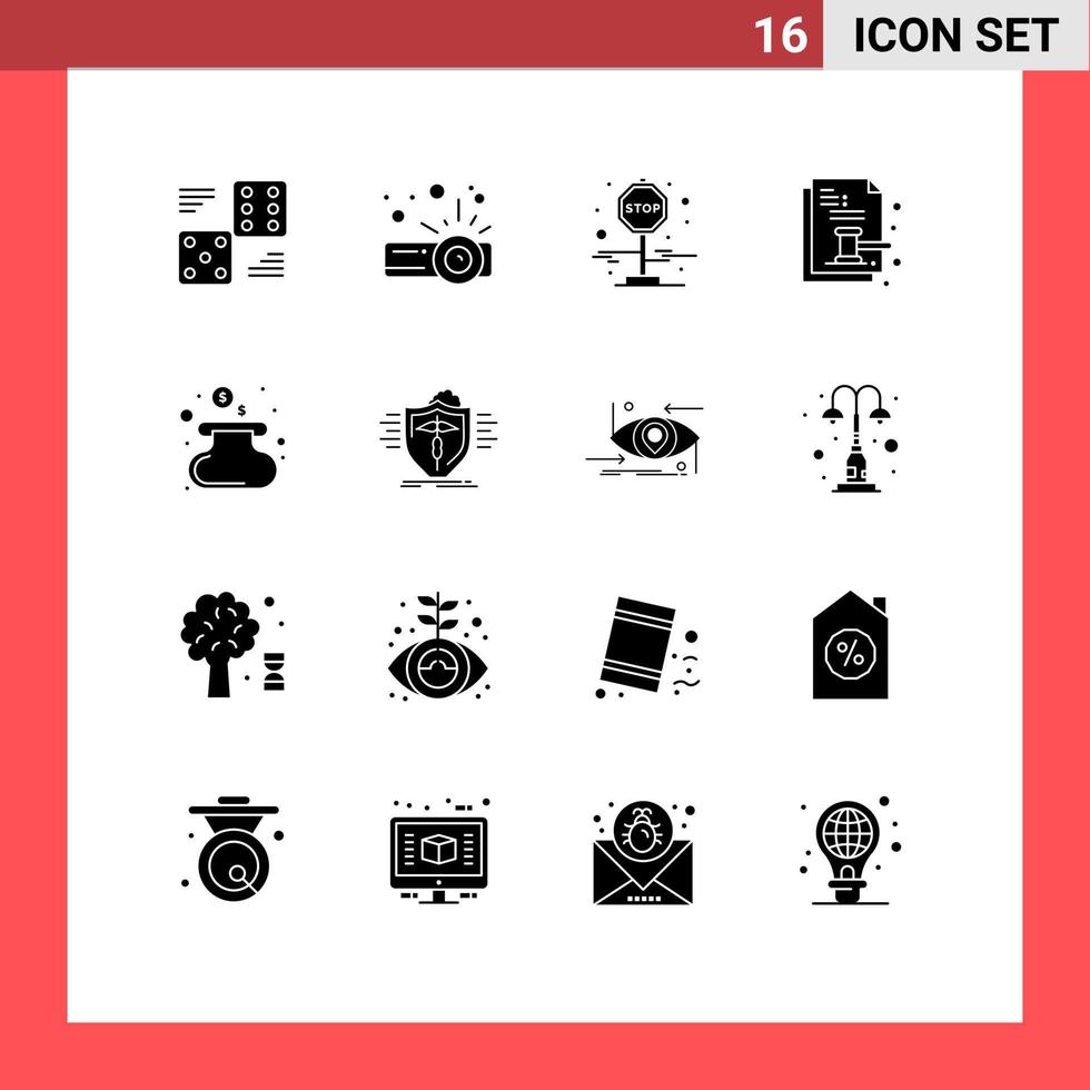 Pack of 16 creative Solid Glyphs of money legal board law auction paper Editable Vector Design Elements
