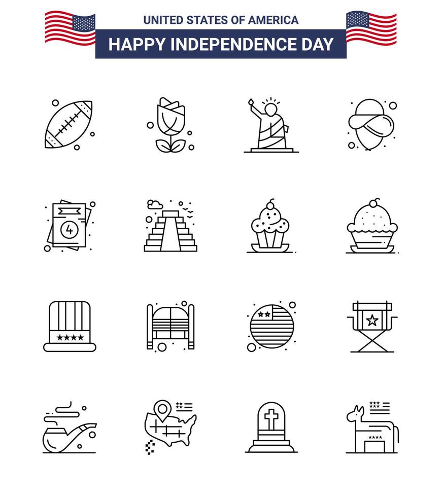 Set of 16 USA Day Icons American Symbols Independence Day Signs for love hat landmarks cowboy usa Editable USA Day Vector Design Elements