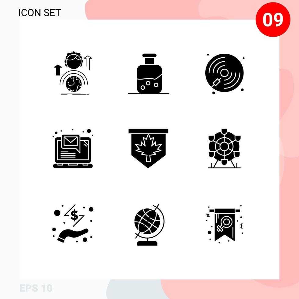 9 User Interface Solid Glyph Pack of modern Signs and Symbols of notification email bottle computer player Editable Vector Design Elements