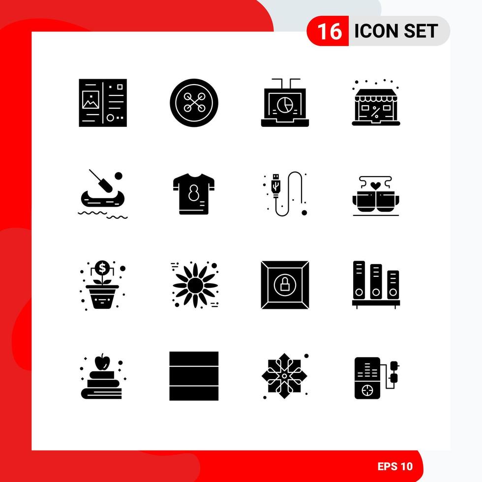 Group of 16 Solid Glyphs Signs and Symbols for boat shop business online seo Editable Vector Design Elements