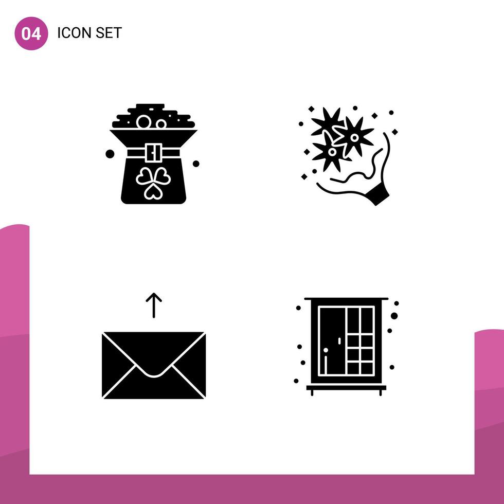 Editable Vector Line Pack of 4 Simple Solid Glyphs of clover romance hat flower message Editable Vector Design Elements