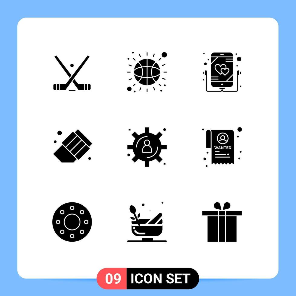 Set of 9 Vector Solid Glyphs on Grid for data management big data development listen erase back to school Editable Vector Design Elements