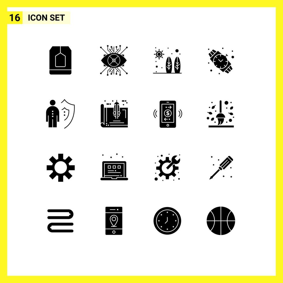Universal Icon Symbols Group of 16 Modern Solid Glyphs of insurance watch eye hand watch surf Editable Vector Design Elements