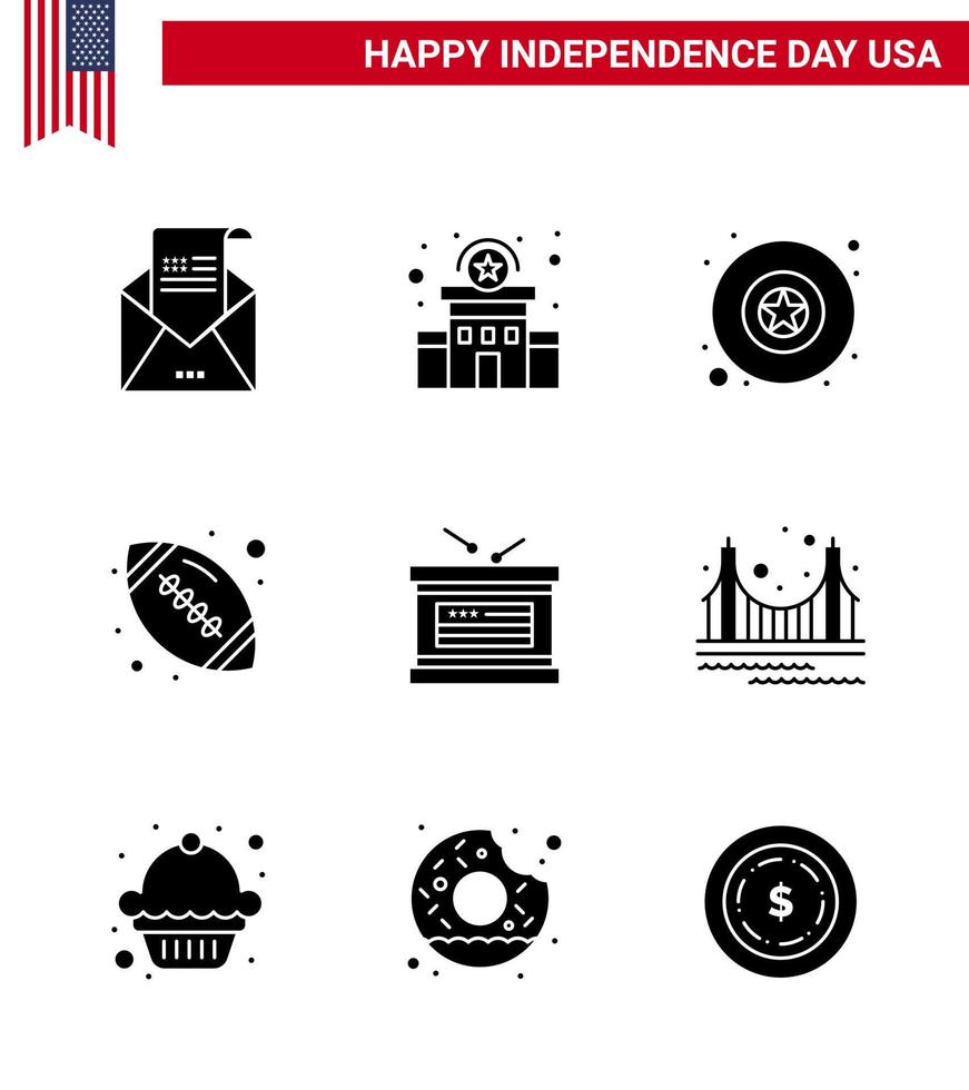 9 iconos creativos de EE. UU. Signos de independencia modernos y símbolos del 4 de julio de vacaciones Bola americana Signo de policía Bola deportiva Elementos de diseño de vector de día de EE. UU. editables