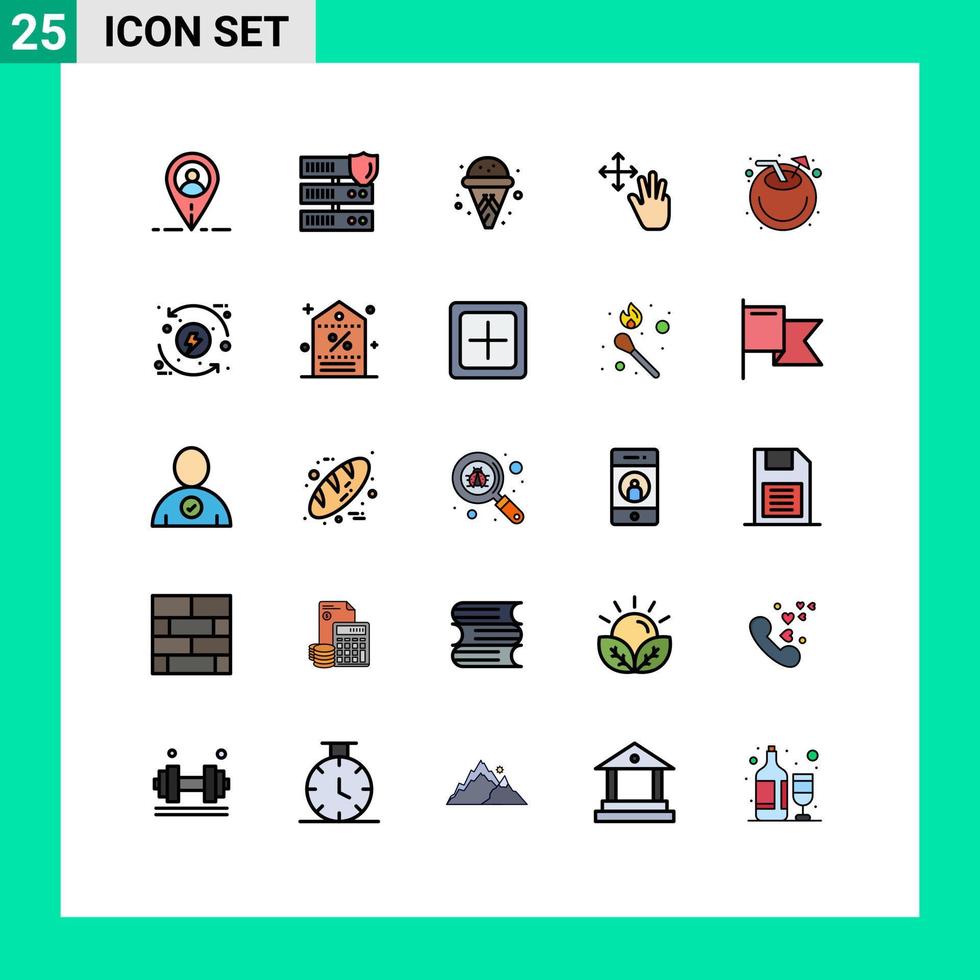 25 User Interface Filled line Flat Color Pack of modern Signs and Symbols of juice coconut ice cream beach gestures Editable Vector Design Elements