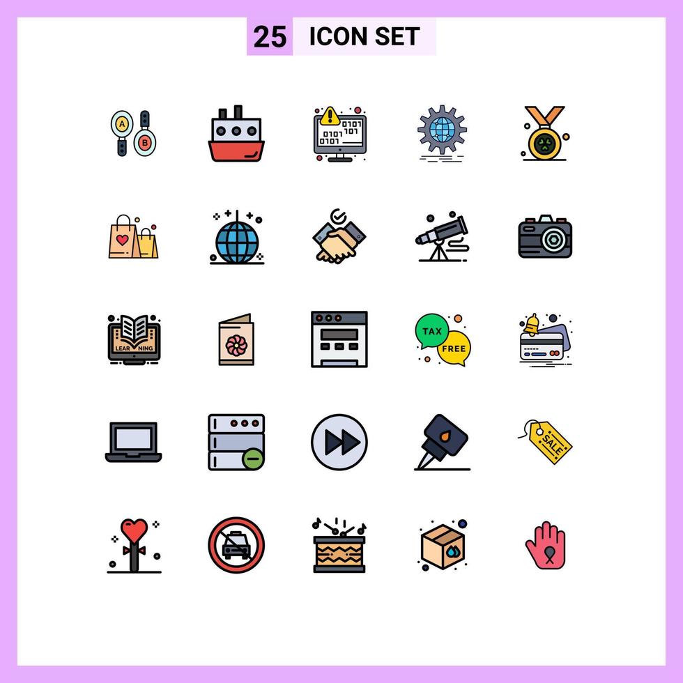 Pack of 25 Modern Filled line Flat Colors Signs and Symbols for Web Print Media such as world wide business transport international encryption Editable Vector Design Elements