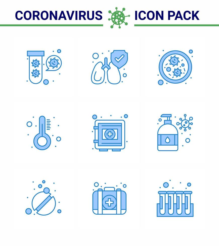 Corona virus disease 9 Blue icon pack suck as protection locker bacteria thermometer medicine viral coronavirus 2019nov disease Vector Design Elements