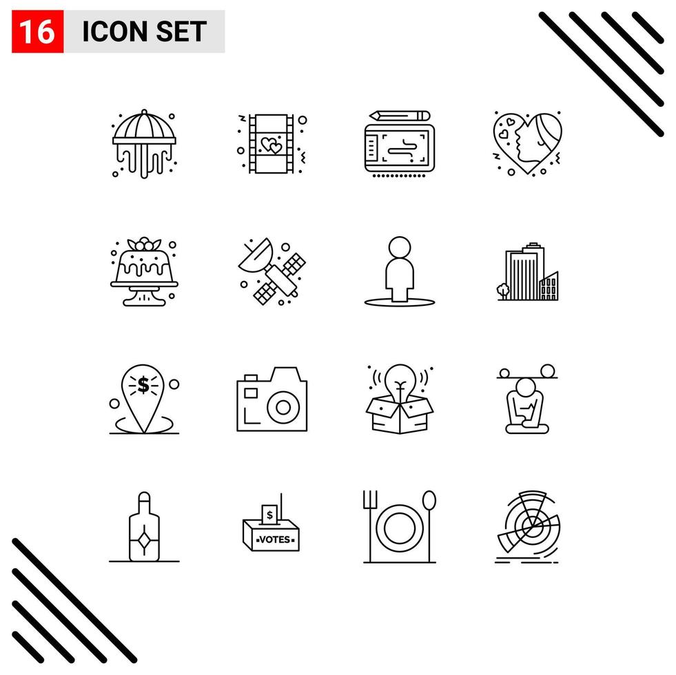 16 Universal Outlines Set for Web and Mobile Applications cake love graphic hearts emotion Editable Vector Design Elements