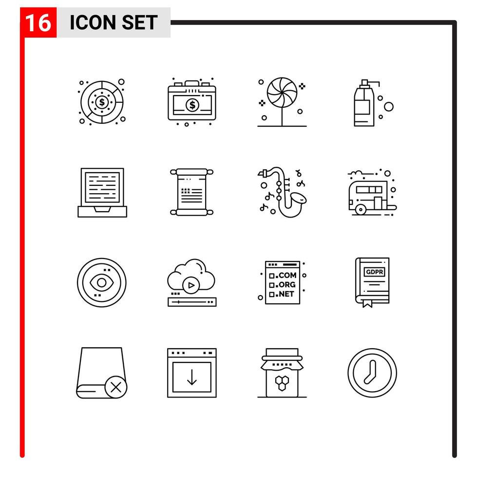 16 Universal Outline Signs Symbols of scroll computer candy laptop detergent Editable Vector Design Elements