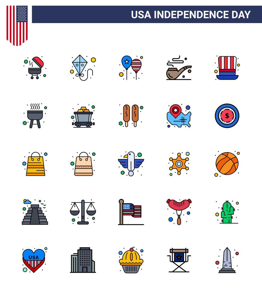 Set of 25 Modern Flat Filled Lines pack on USA Independence Day usa hat day day smoke Editable USA Day Vector Design Elements