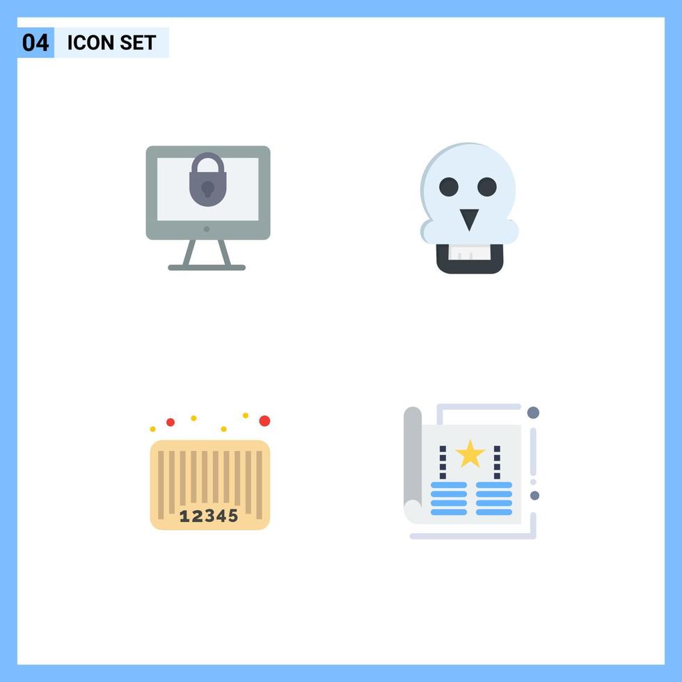 Set of 4 Vector Flat Icons on Grid for computer bar security medical barcode Editable Vector Design Elements