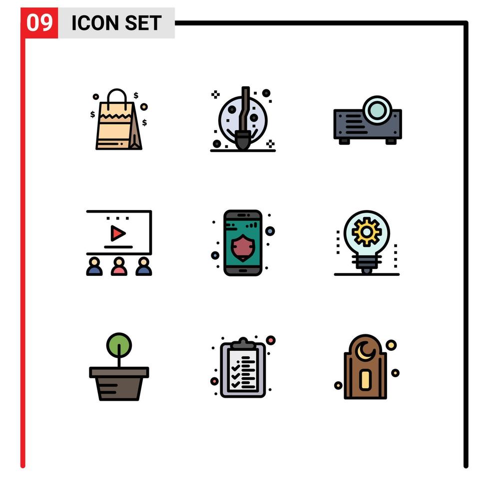 9 Filledline Flat Color concept for Websites Mobile and Apps security data device video tutorials social media marketing Editable Vector Design Elements