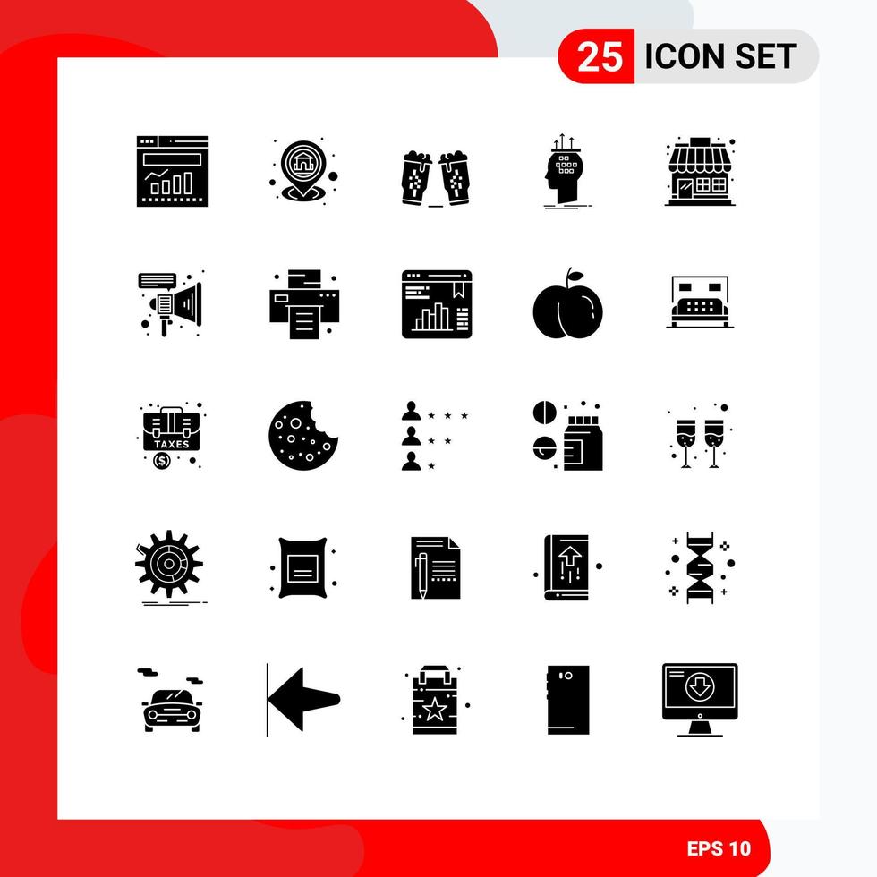 Set of 25 Modern UI Icons Symbols Signs for process brain navigation algorithm glass Editable Vector Design Elements