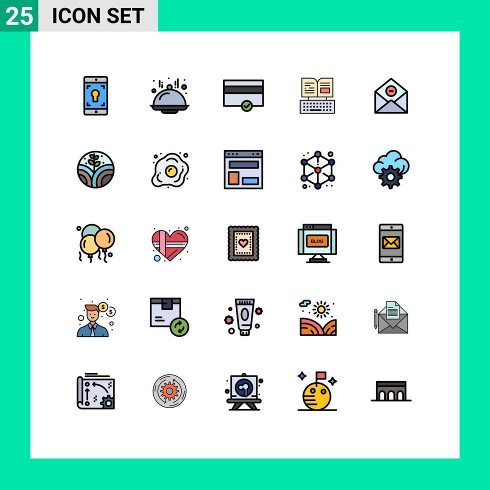 Filled line Flat Color Pack of 25 Universal Symbols of mail delete money communication book Editable Vector Design Elements