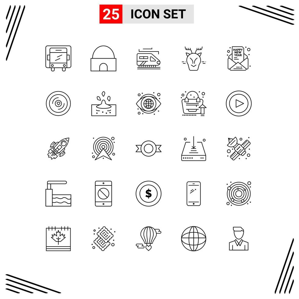 User Interface Pack of 25 Basic Lines of mail invitation train reindeer arctic Editable Vector Design Elements