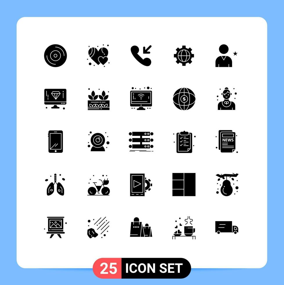 Pack of 25 creative Solid Glyphs of diamond user incoming star favorite Editable Vector Design Elements