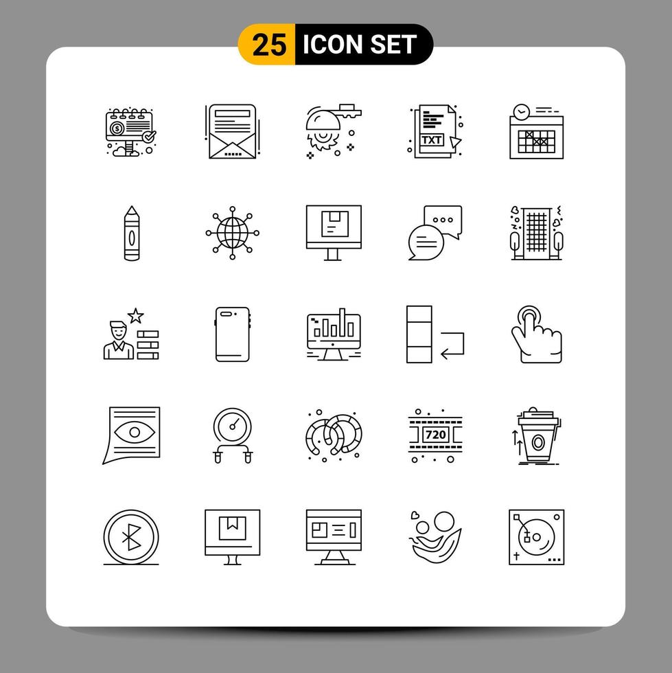 Editable Vector Line Pack of 25 Simple Lines of clock calendar circular file txt file Editable Vector Design Elements