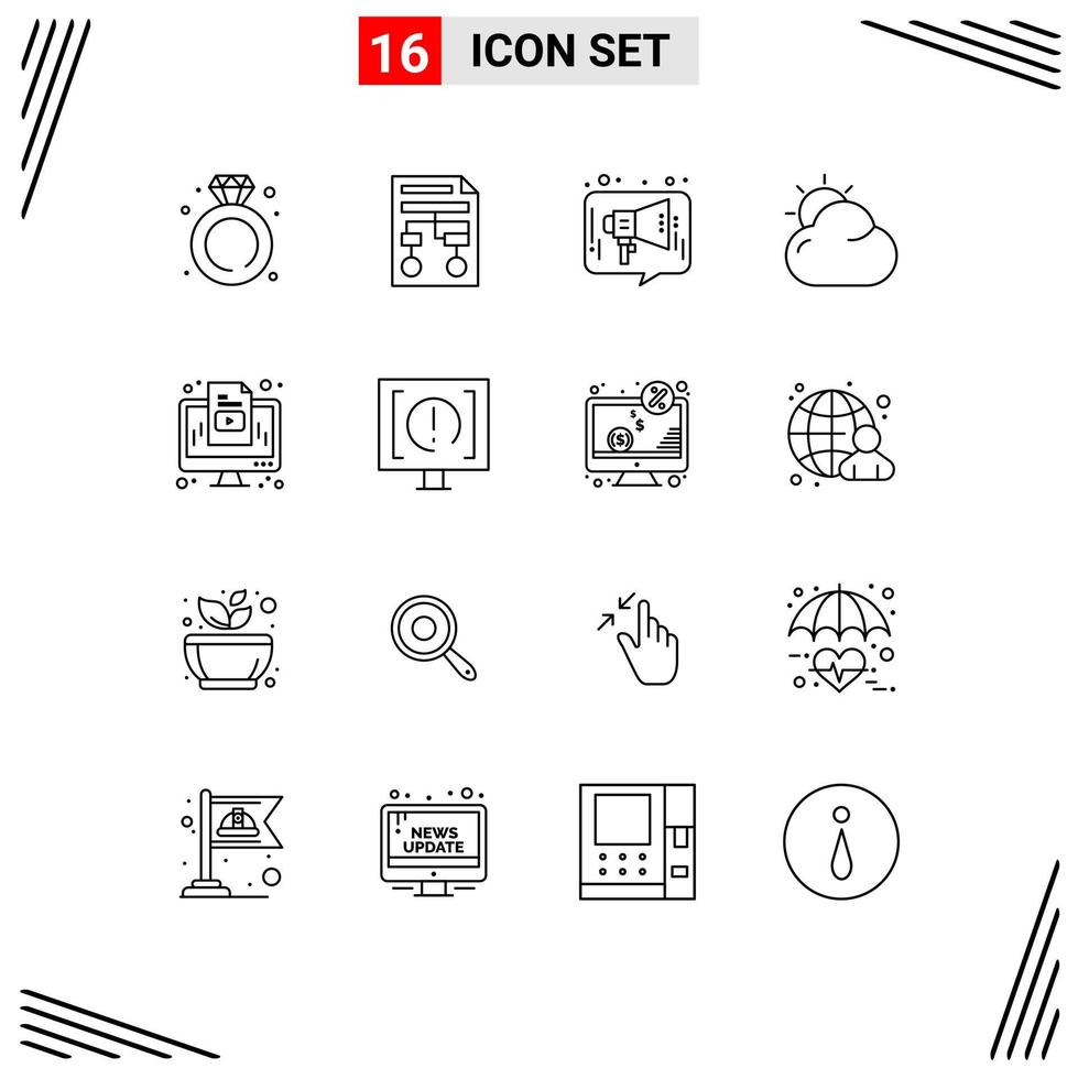 Modern Set of 16 Outlines and symbols such as sun beach document cloud media Editable Vector Design Elements