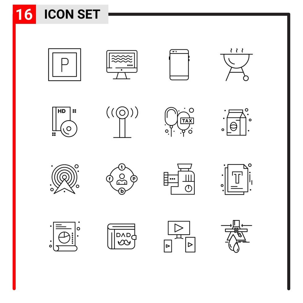 Group of 16 Outlines Signs and Symbols for dvd compact mobile cd grill Editable Vector Design Elements