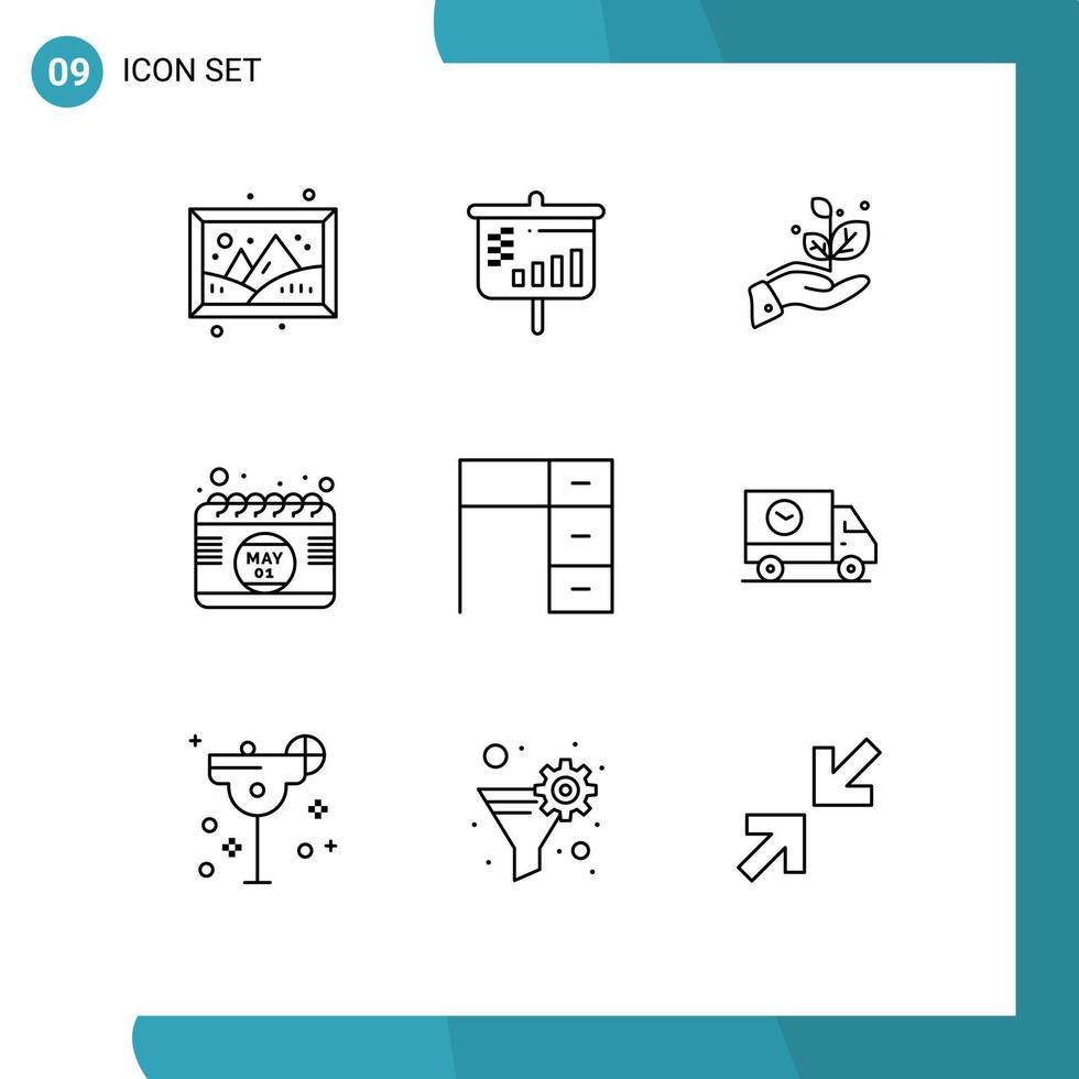 Group of 9 Outlines Signs and Symbols for interior desk grow time date Editable Vector Design Elements