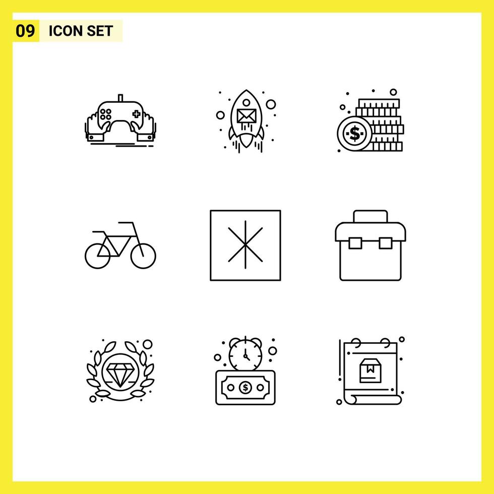Mobile Interface Outline Set of 9 Pictograms of icebox vehicles seo bicycle money Editable Vector Design Elements