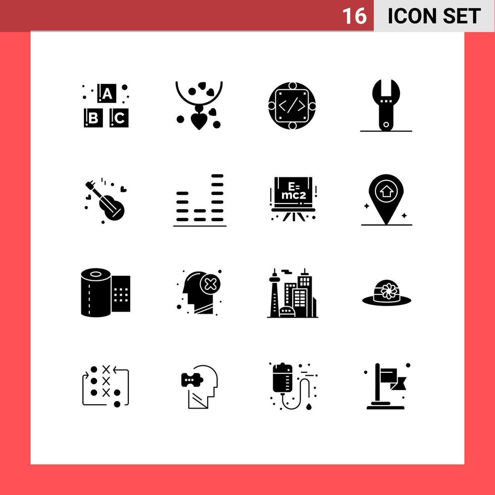 Universal Icon Symbols Group of 16 Modern Solid Glyphs of music guitar custom tool control Editable Vector Design Elements
