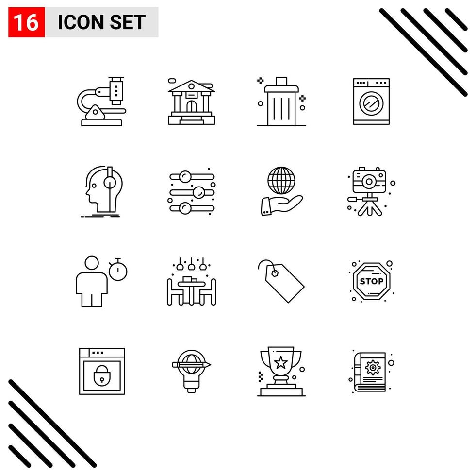 Pack of 16 Modern Outlines Signs and Symbols for Web Print Media such as headphones washing bin machine remove Editable Vector Design Elements
