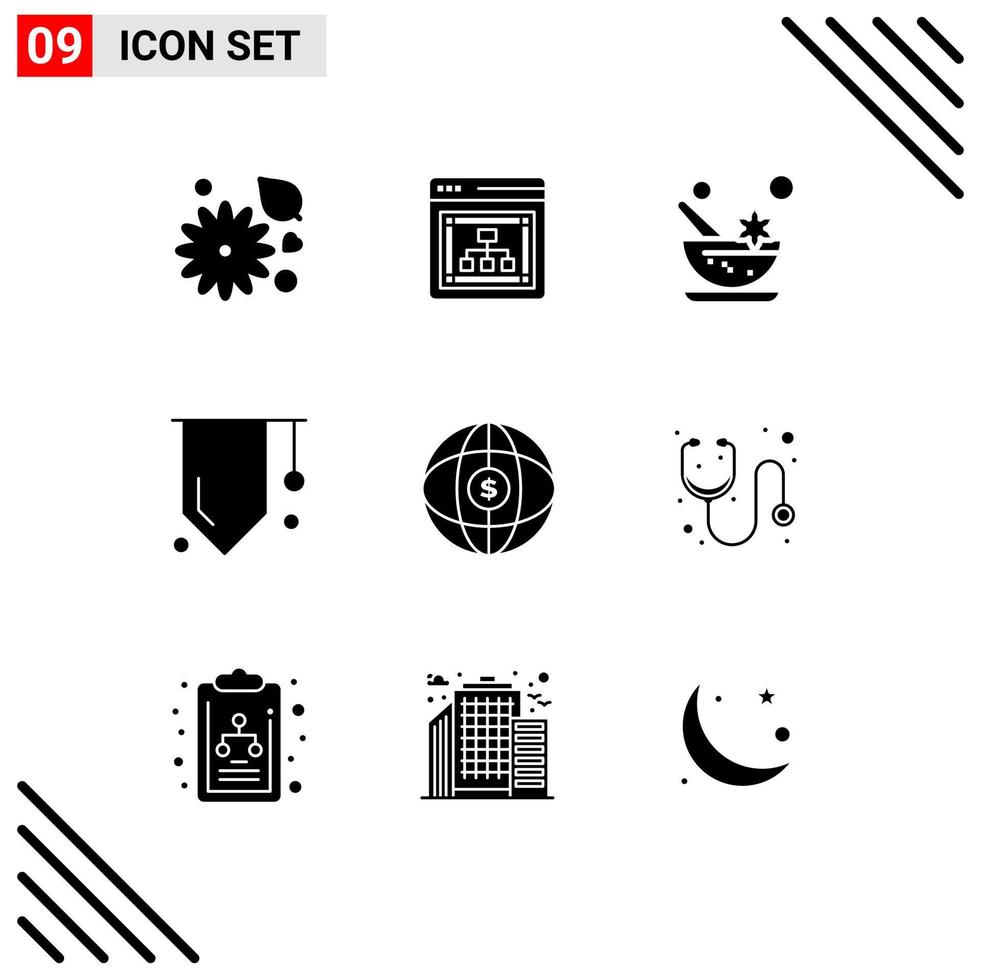 Group of 9 Solid Glyphs Signs and Symbols for globe success aromatic study badge Editable Vector Design Elements
