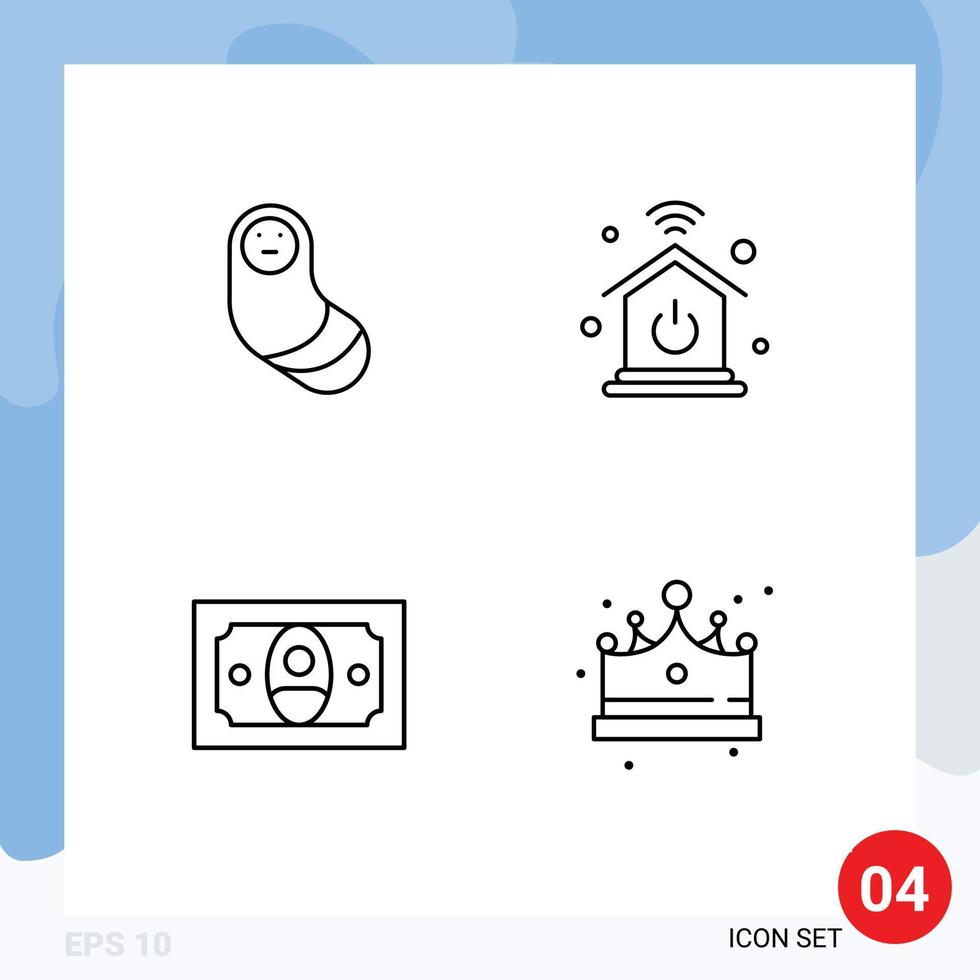 Set of 4 Modern UI Icons Symbols Signs for baby crown home network cash jewelry Editable Vector Design Elements