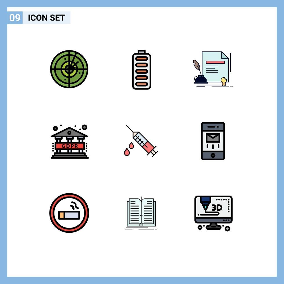 9 Universal Filledline Flat Color Signs Symbols of injection regulation contract gdpr award Editable Vector Design Elements