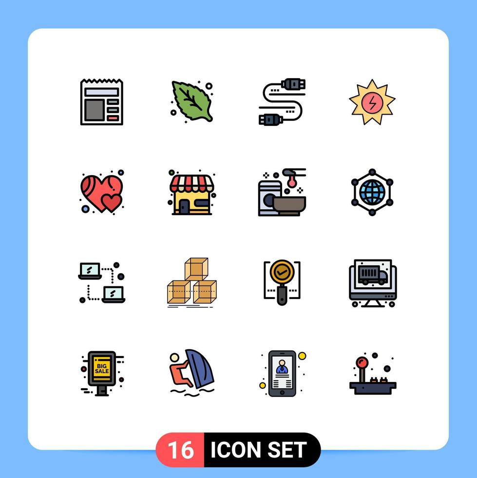 Group of 16 Modern Flat Color Filled Lines Set for like favorite sata power solar Editable Creative Vector Design Elements