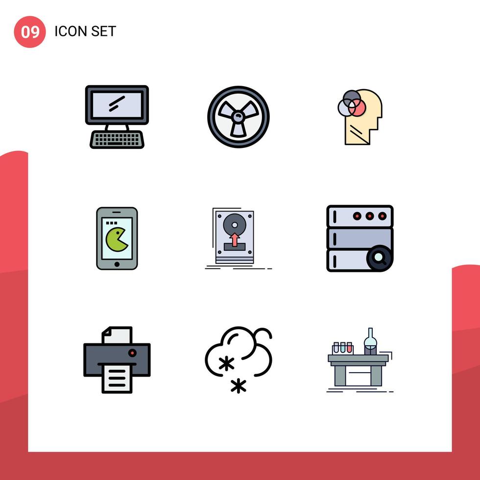 9 concepto de color plano de línea completa para sitios web móviles y aplicaciones que impulsan el hardware inteligencia humana teléfono comprar elementos de diseño vectorial editables vector