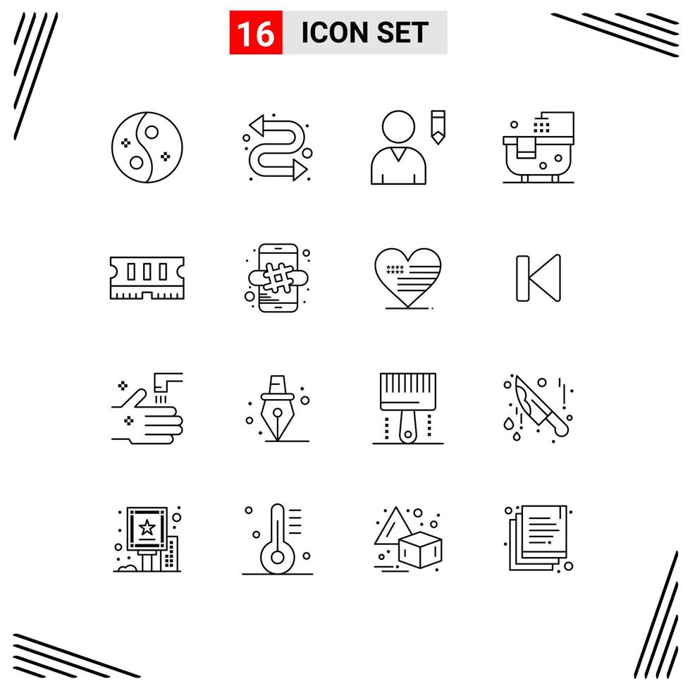 Universal Icon Symbols Group of 16 Modern Outlines of ram hardware edit shower bathroom Editable Vector Design Elements