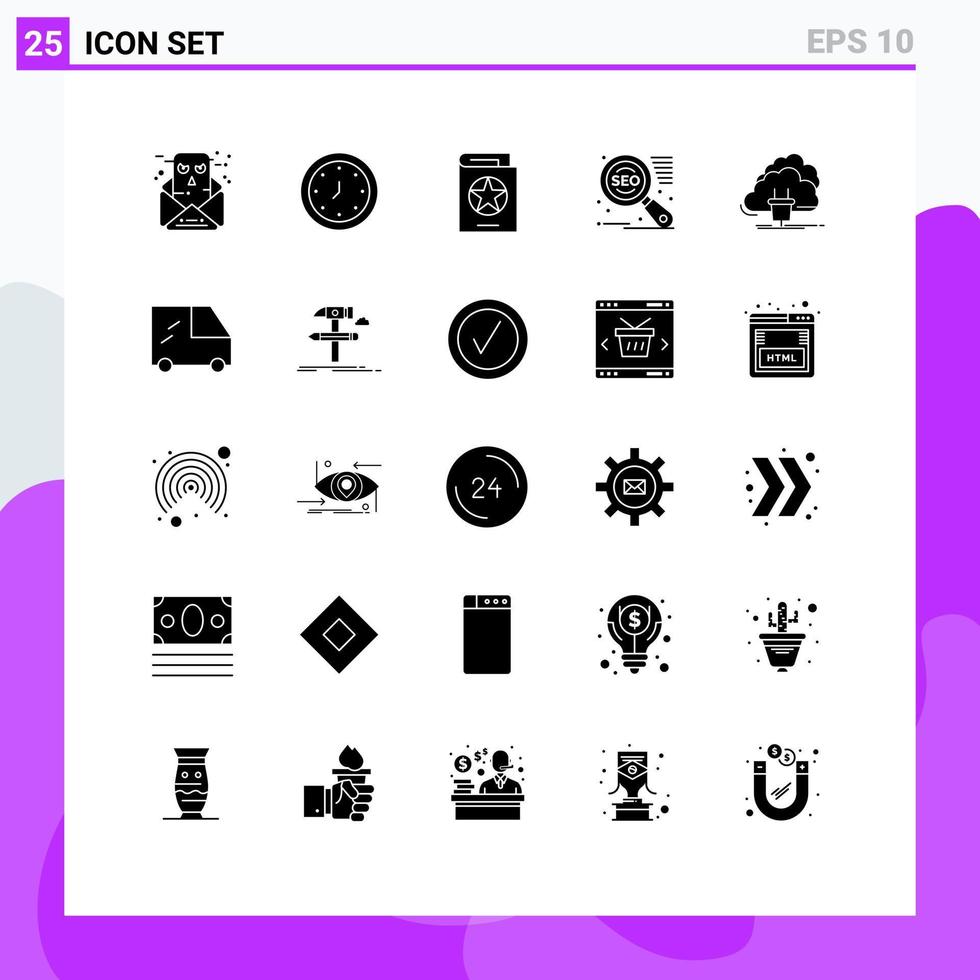 Universal Icon Symbols Group of 25 Modern Solid Glyphs of cloud seo timer search engine spells Editable Vector Design Elements
