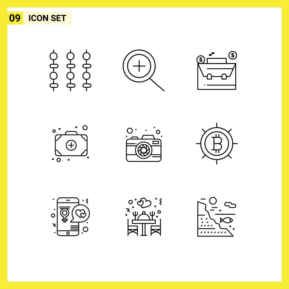 Pack of 9 Modern Outlines Signs and Symbols for Web Print Media such as bitcoin picture case photography doctor Editable Vector Design Elements