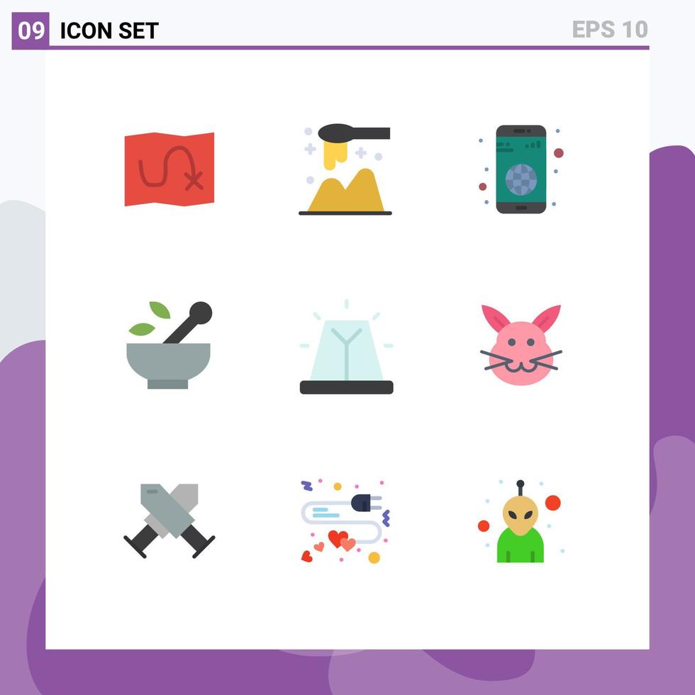paquete de 9 signos y símbolos de colores planos modernos para medios de impresión web, como sopa de aplicación de alerta de emergencia, elementos de diseño de vectores editables médicos