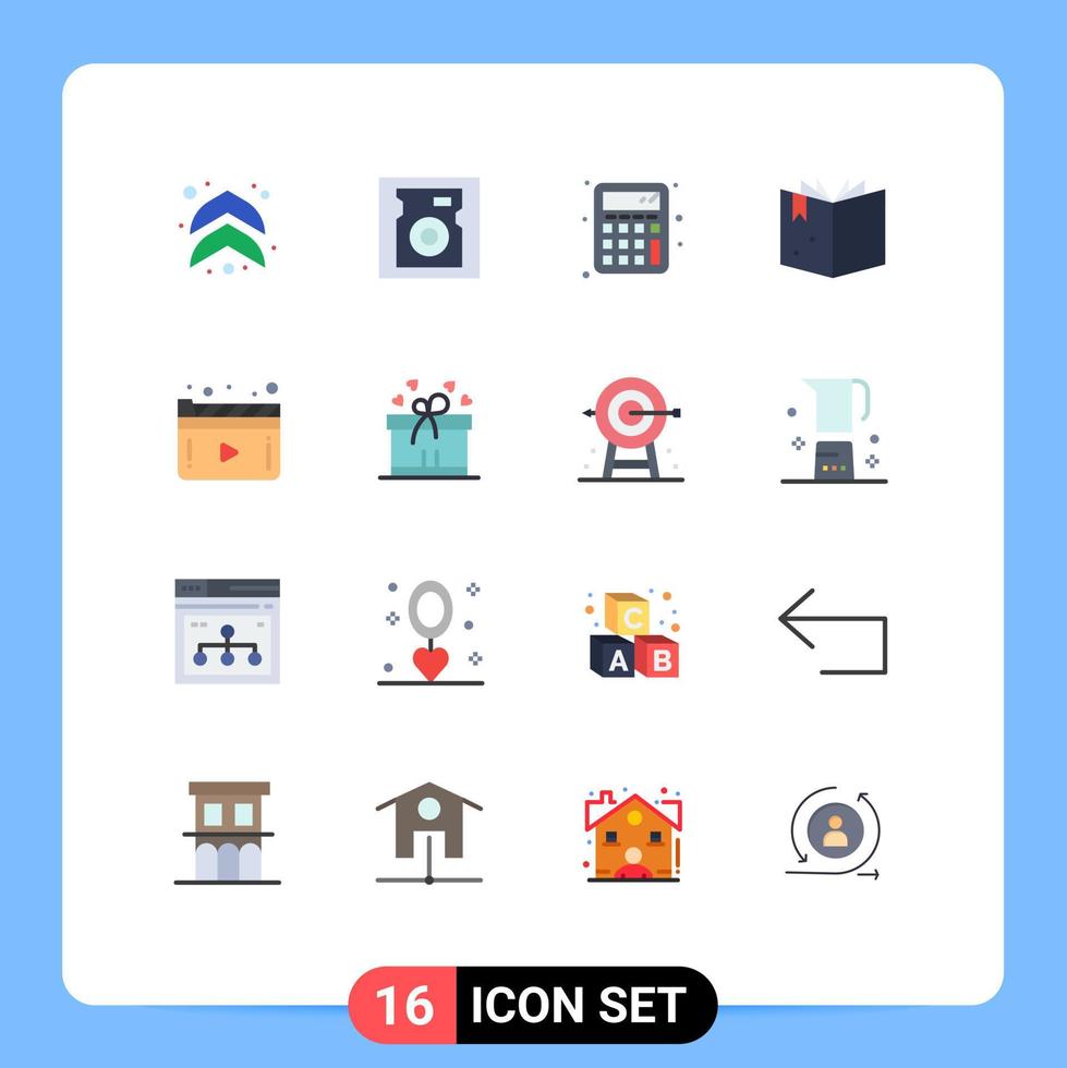 Mobile Interface Flat Color Set of 16 Pictograms of box ribbon play calculator video media Editable Pack of Creative Vector Design Elements