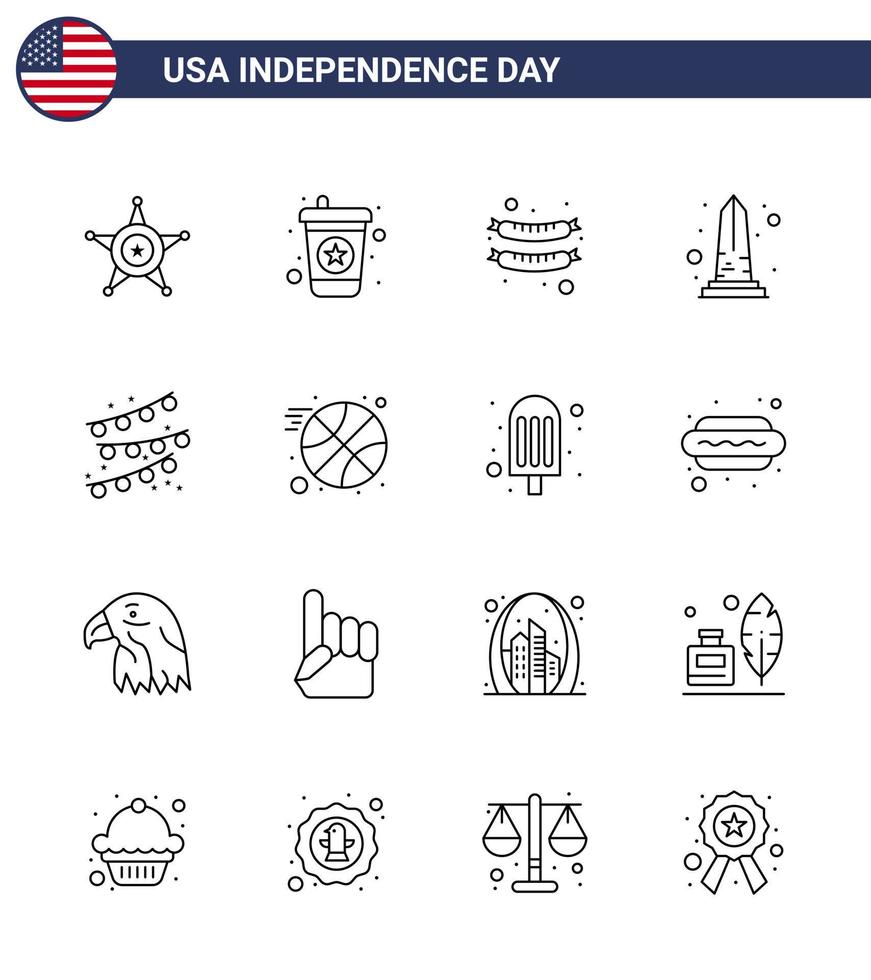 Group of 16 Lines Set for Independence day of United States of America such as party bulb buntings frankfurter washington sight Editable USA Day Vector Design Elements