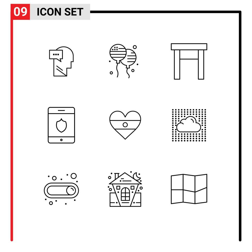 9 signos de contorno universal símbolos de corazón muebles indios seguridad de teléfonos inteligentes elementos de diseño vectorial editables vector