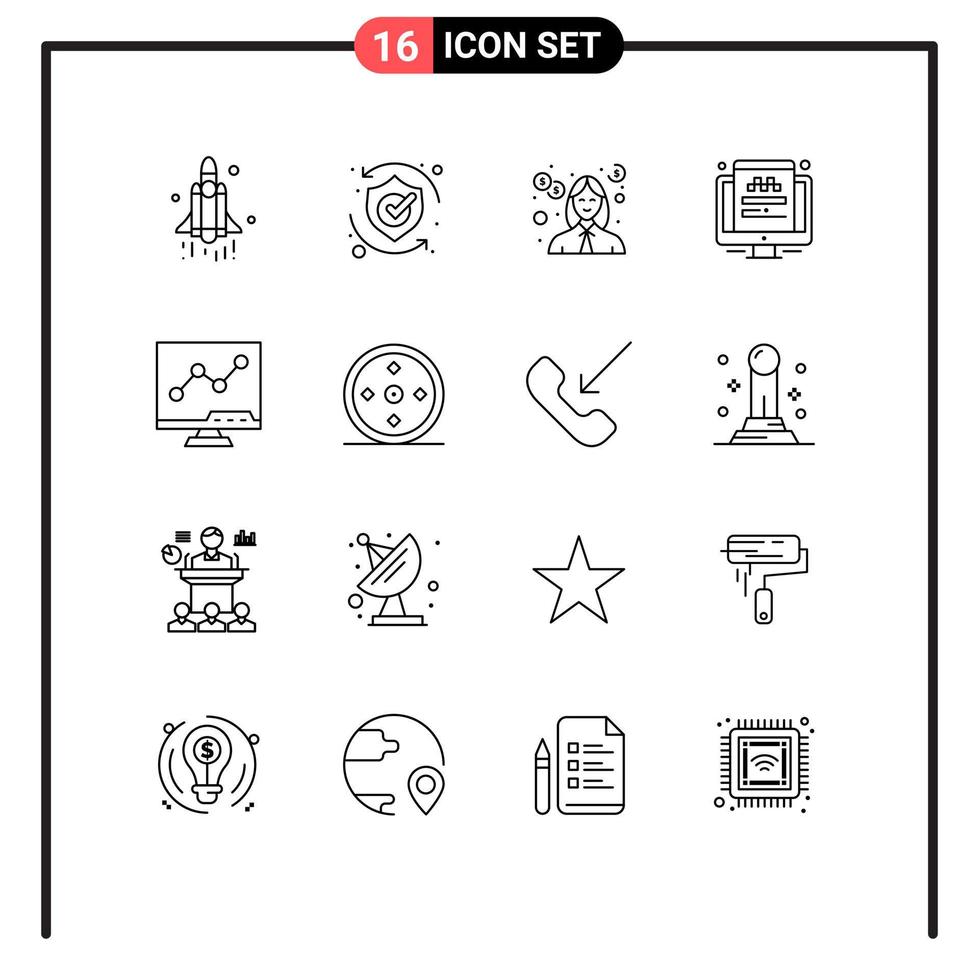 Mobile Interface Outline Set of 16 Pictograms of screen traveling solution taxi money Editable Vector Design Elements